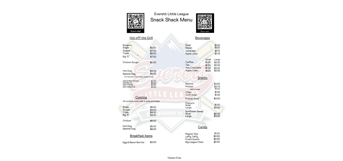 Snack Shack Menu